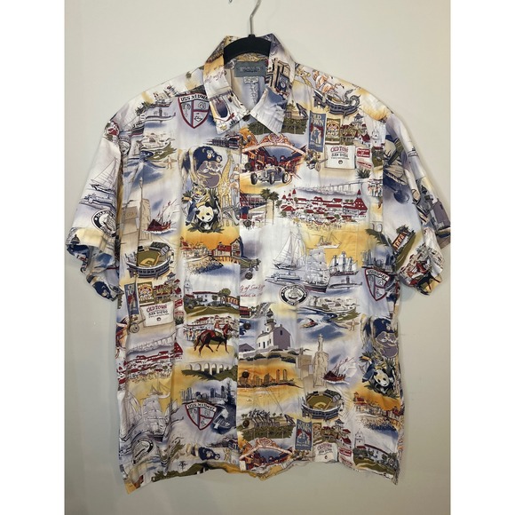 Vintage High Seas  San Diego Landmarks Tourist AOP Print Button Up Shirt M - Picture 1 of 7